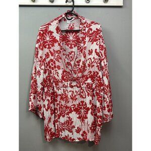 Allison Taylor Blouse Womens 2X Red White Floral Boho Peasant Top Long Sleeve